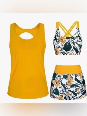 Mustard Yellow Floral Tankini Set with High-Waist Shorts